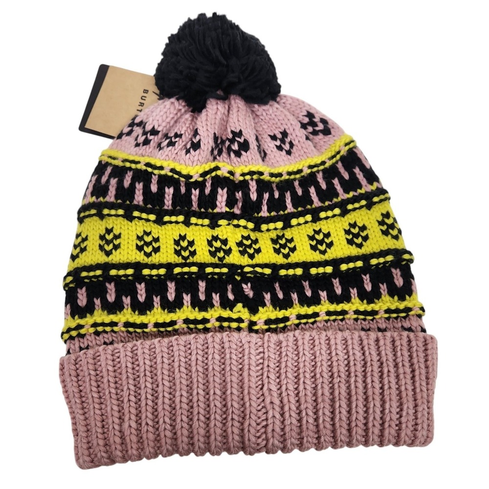 BURTON Beanie Hat Womens OS Pink RCY Walden Pom Fair Isle Knit Snowboard Winter